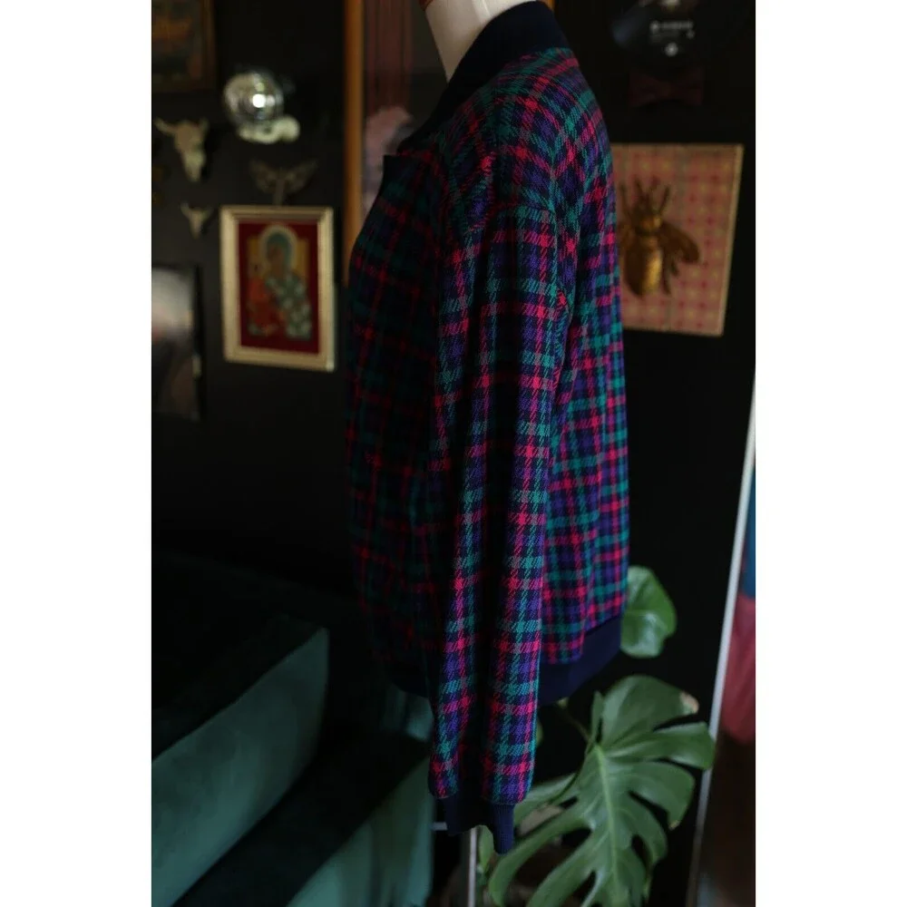 Vtg. Graff Californiawear Jewel Tone Plaid Button Down Cardigan Jacket Sz. 14